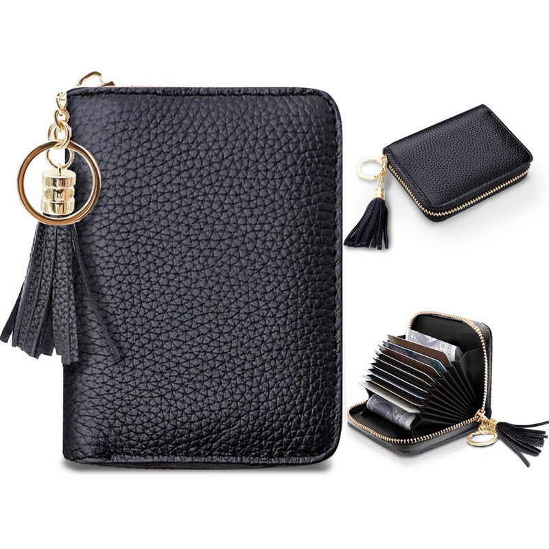 Coco Rossi Leather Credit Card Wallet for Women, RFID Blocking Zipper Cards Holder with Tassels-Black - Image 1